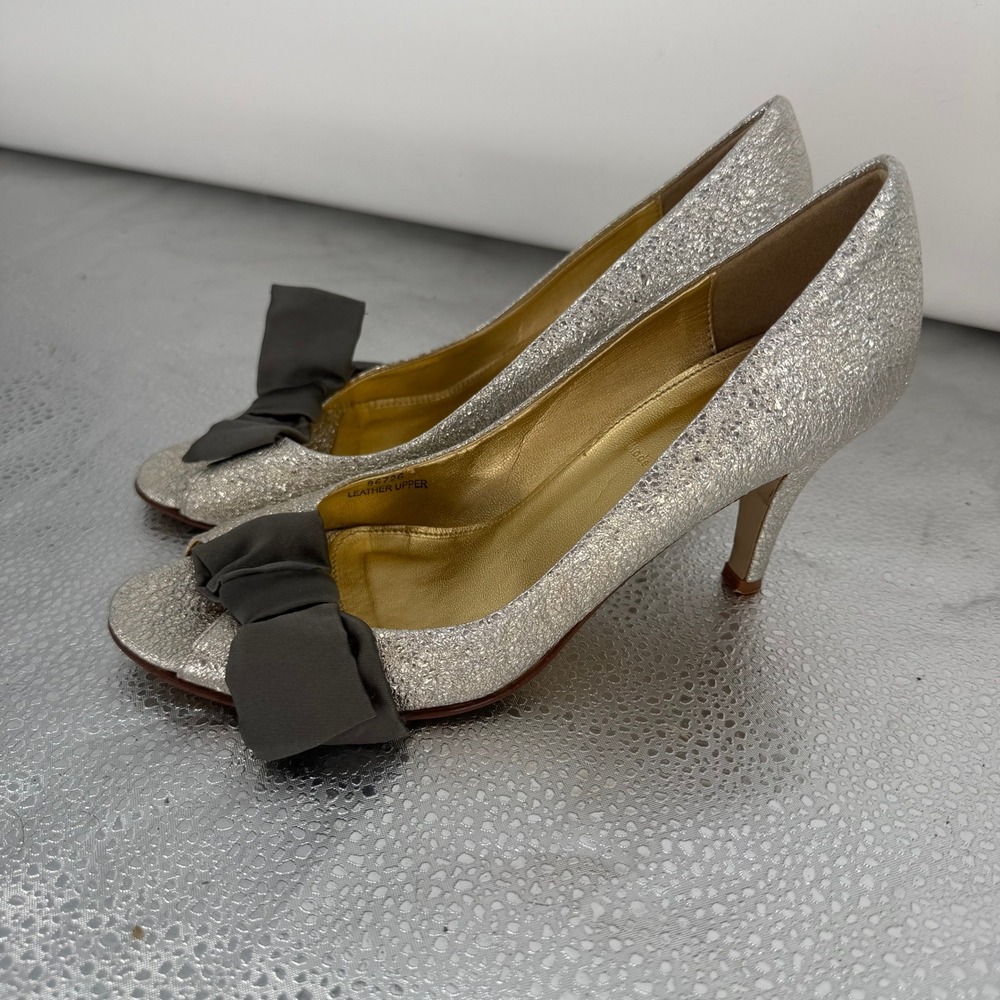 J.Crew Peep Toe Pumps Women 7.5 Silver Metallic Bow Italian Leather Glam Classic